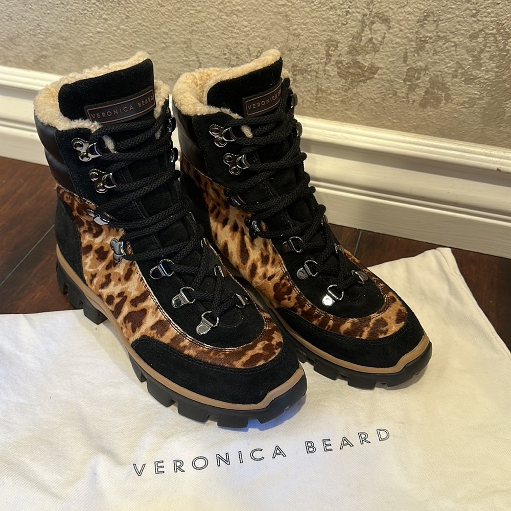 VERONICA BEARD Shearling-Lined Leopard-Print Leather Snow Boots SIZE 7